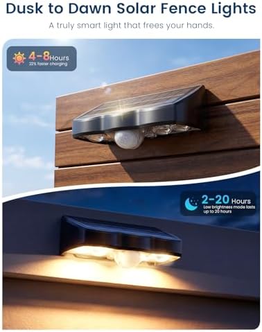 Solar Fence Lights Outdoor with Motion Sensor, 6 Pack Warm White Fence Lights Solar Powered 3 Modes IP65 Waterproof Dusk to Dawn Outdoor Lights for Patio Deck Wall Backyard Garden Decorative - Image 5