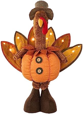 Glitzhome Thanksgiving Porch Decor Handmade Fabric Turkey with Telescoping Legs for Autumn Fall Thanksgiving, Orange - Image 3