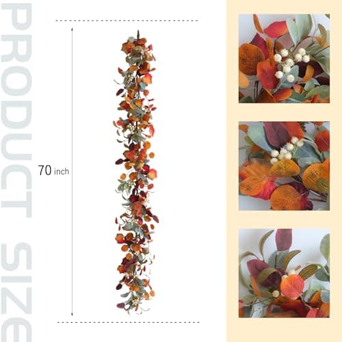 70 Inch Fall Orange Eucalyptus Maple Leaves Garland with White Berries Wreath Garland for Front Door, Autumn Leaves Home Decor Garlands for Indoor Outdoor, Rustic Farmhouse Fall Leaves Garlands - Image 5