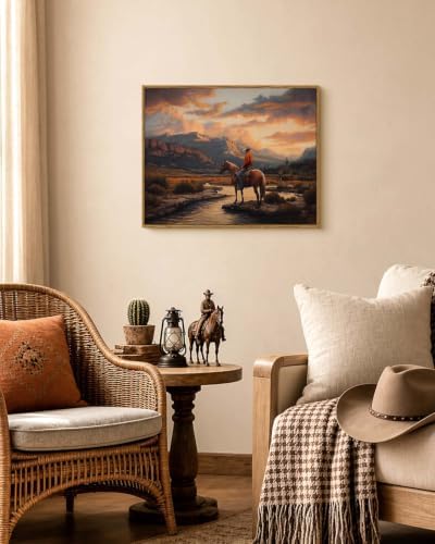 Western Cowboy Framed Canvas Wall Art 16x20 Inch, Horse Rider at Sunset Print Rustic Mountain Landscape Painting, American West Country Home Office Bedroom Wall Decor - Image 2