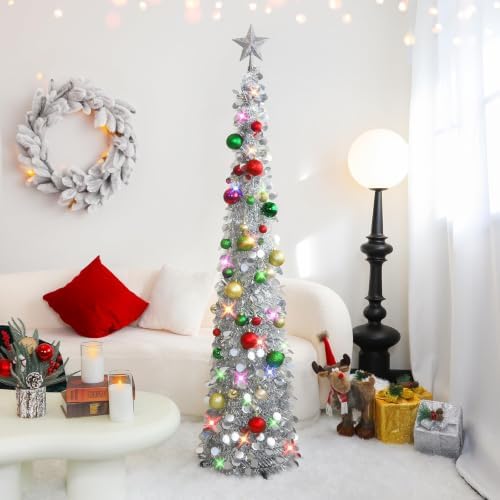 N&T NIETING Pop Up Christmas Tree with Lights & 30 Balls, 5Ft Collapsible Silver Tinsel Christmas Tree Decoration for Holiday Home Office Decor - Image 2