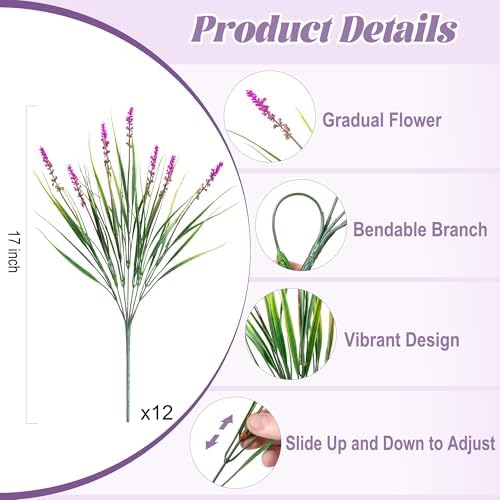 Artificial Flowers Faux Plants for Outdoor Decoration, 12 Bundles Fake Monkey Grass for Home Garden Front Porch Balcony, Lavender Flowers Shrubs UV Resistant No Fade Greenery Bush Planter (Lotus) - Image 2