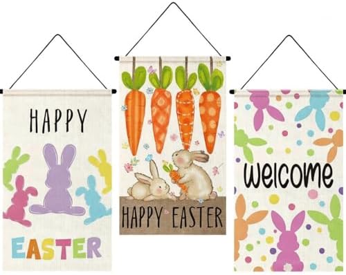 Tegeme 3 Pcs Happy Easter Door Sign Flag Welcome Easter Door Banner Bunny Wall Hanging Ornaments Flag for Party Holiday Outdoor Indoor Home Decoration by Tegeme