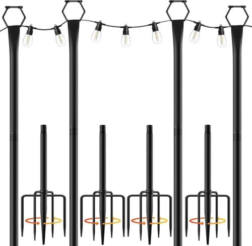 4 Pack String Light Poles for Outside, 10Ft Light Poles for Outdoor String Lights, Adjustable Outdoor String Light Poles with Fork,Metal Fence Post for Patio,Backyard,Deck by MIUVIBENI