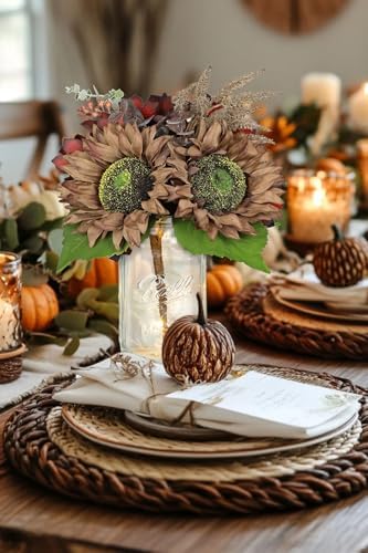 Silk Sunflowers Artificial Flowers with Mason Jar Centerpiece for Table Brown Fall Flowers in Vase Small Fall Floral Arrangement with Vase Thanksgiving Centerpiece for Dining Room Table Autumn Decor - Image 5
