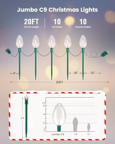SURAIELEC Jumbo C9 Christmas Lights, 20FT Christmas Pathway Light Outdoor, 10 Warm White Giant LED Bulbs, 10 Ground Stakes for Holiday Yard Lawn Garden Walkway Decorations, UL Listed - Image 2