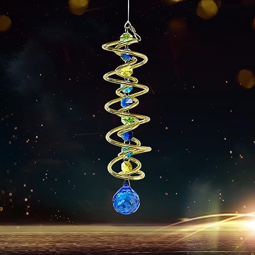 FONMY Gazing Ball Spiral Tail Decorative Wind Spinner Sun Catcher Rainbow Maker Golden Double-Spiral W/Sea Blue Crystal Ball and Chain Crystals for Indoor Outdoor Garden Decoration -14 inch H by FONMY