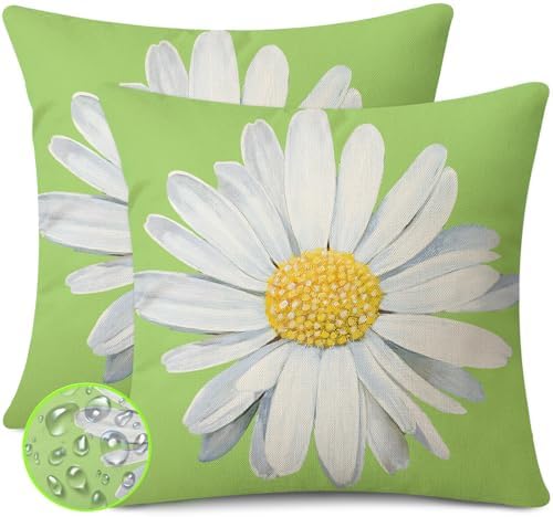 Spring Summer Outdoor Waterproof Pillow Covers 18 x 18 Inch Set of 2 Green Daisy Flower Decorative Cushion Cases for Sofa Couch Garden Patio by Coeufuedy