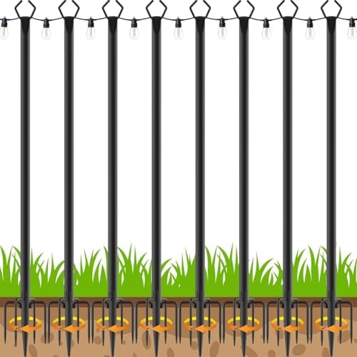 8 Pack 10 ft Heavy Duty Metal String Light Poles Adjustable Outdoor Lighting Stand for Patio,Backyard,Garden,Party & Wedding Rustproof & Sturdy with Hooks by Aulimhti