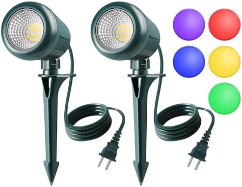 Halloween Spotlights Outdoor, 120V Plug-in Christmas Spot Light, 5000K LED Landscape Lighting with 5 Color Lenses (Red Green Blue Purple Yellow), IP67 Waterproof, 2 Pack by Unknown
