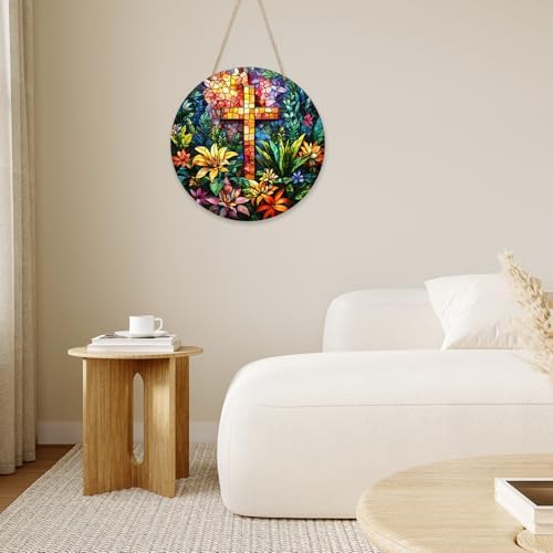 Cross and Wildflowers Christian Signs, Religious Easter Faith Wood Hanging Decor For Home Bedroom Living Room Office Gallery Wall Decorations, Christian Gifts for Friends Colleague -011 - Image 4