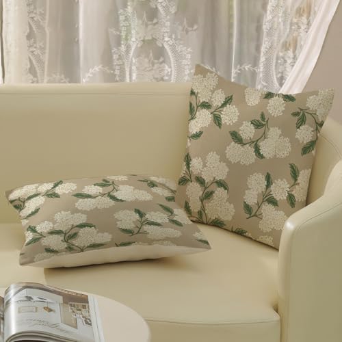 Beige Spring Pillow Covers 24x24 Inch 2 Pcs Khaki Green Hydrangea Flower Decor Throw Pillows Vintage Floral Seasonal Summer Outdoor Decoration Pillowcase Linen Cushion Cover for Couch Sofa - Image 4