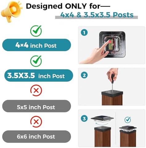 kolpop 4x4 Solar Post Cap Lights Outdoor 8Pack- 3 Color Temperatures& 2 Level Brightness, IP65 Waterproof, 16 LED Black Fence Deck Post Light Solar Powered Only for 4×4/3.5×3.5 Wood/Vinyl Posts - Image 2