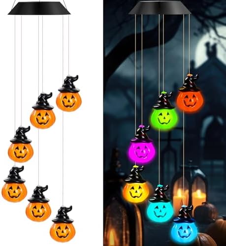 GlikCeil Halloween Solar Wind Chimes 27.5Inch Halloween Decorations Outside Waterproof Hanging LED for Yard, Porch, Patio, Party, Color Changing Lights(Pumpkin) by GlikCeil
