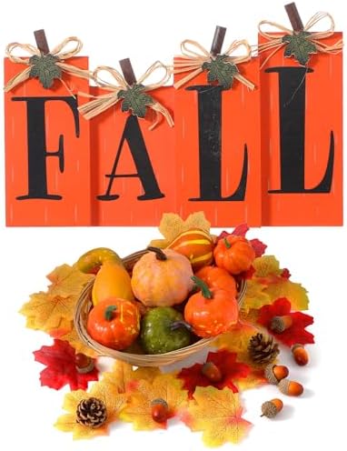 Roowest 50 Pcs Fall Pumpkins Harvest Decoration Set Mini Artificial Gourd Autumn Leaves Acorns Decorations and 4 Pcs Thanksgiving Wood Tabletop Decor Block Signs for Harvest Autumn Home Decor by Roowest
