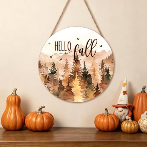 Hello Fall Wreath for Front Door Outside Autumn Thanksgiving Welcome Sign Fall Forest Trees Wood Door Hanger 12x12 Inch Rustic Farmhouse Indoor Outdoor Decor for Home Porch Wall Hanging Plaque - Image 3