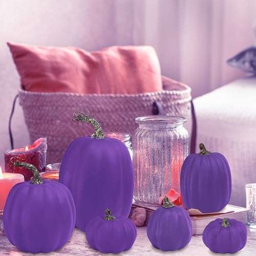 Winlyn 10 Pcs Assorted Size Purple Artificial Pumpkins Decorative Foam Pumpkins Faux Halloween Pumpkin Decor for Fall Harvest Autumn Wedding Thanksgiving Halloween Party Mantel Shelf Table Centerpiece - Image 4