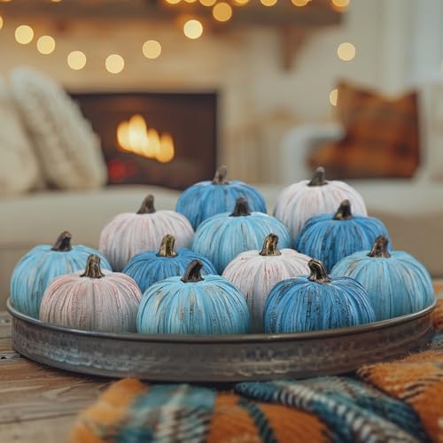 Geelin 12 Pcs Blue Rustic Fall Pumpkin Decor Resin Pumpkins for Thanksgiving Decorations Farmhouse Decorative Pumpkins 2.36" for Fall Home Decor Autumn Tabletop Centerpiece Harvest Wedding(Resin) - Image 6