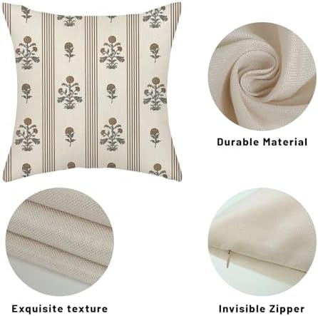Brown Grey Pillow Covers 18x18 Inch Set of 2 Vintage Block Print Floral Throw Pillows Striped Flower Boho Decorative Pillow Cases Linen Outdoor Accent Linen Cushion Cover for Couch Sofa Bed - Image 7