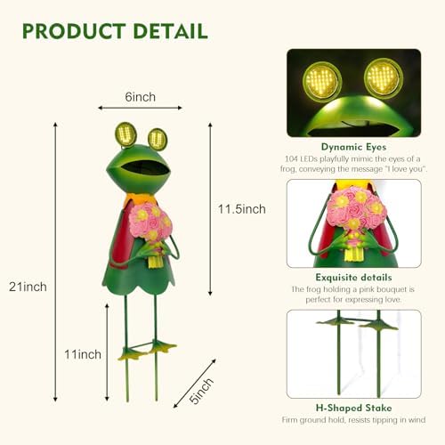HONGLAND Solar Garden Statues 21" Loving Metal Frog Garden Decor Figurine Lights with LED Eyes for Patio, Balcony, Yard Ornament, Birthday Gifts for Women Grandma, Mother's Day - Image 2