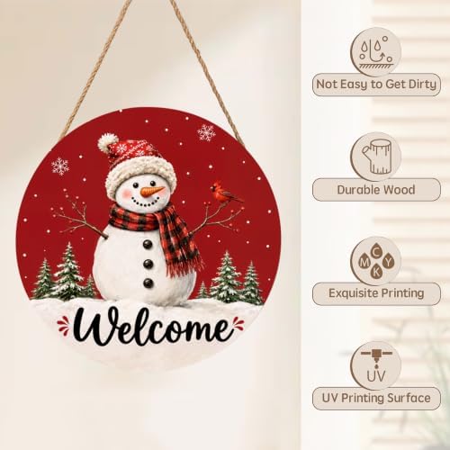 Christmas Welcome Sign for Front Door Decor Xmas Snowman Snowflake Round Outdoor Hanging Wooden Door Sign for Porch Red Winter Holiday Wreath Hanger Sign for Outside Indoor Wall Decoration 12"X12" - Image 3