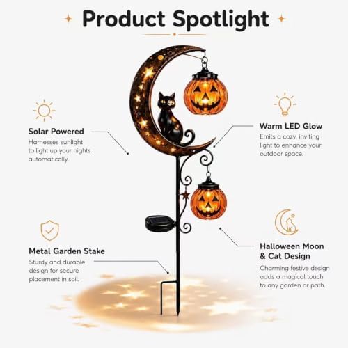 Solar Halloween Black Cat Garden Stake Light – Metal Crescent Moon & Pumpkin Lantern Yard Decor, Auto On/Off Waterproof LED Landscape Lighting for Patio Lawn Pathway (E) - Image 6