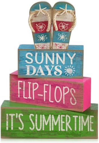 Lineshading 4 Pcs Flip Flop Beach Summer Wooden Block Signs Table Decor by Lineshading