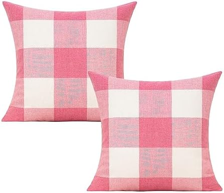 VAKADO Valentines Pink Throw Pillow Covers 16x16 Set of 2 Buffalo Valentines Day Decorative Gingham Farmhouse Decor Outdoor Checkered Cushion Plaids Cases Home Decorations for Bedroom Couch Sofa Patio by VAKADO