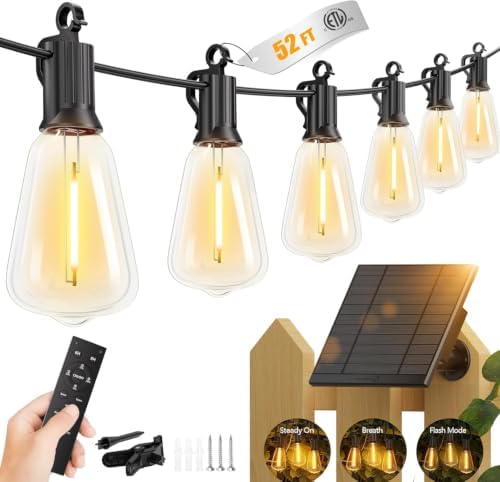 Brightown 52FT Solar String Lights Outdoor, 15+2 Shatterproof LED Bulbs by Brightown