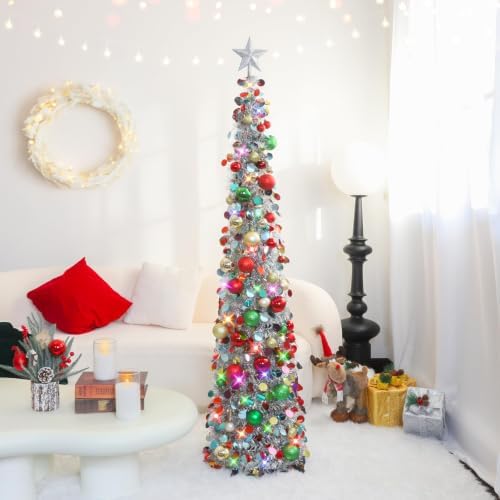 N&T NIETING Pop Up Silver Mix Tinsel Christmas Tree with Lights & 30 Balls, 5Ft Collapsible Skinny Christmas Tree for Holiday Xmas Home Office Decor - Image 2