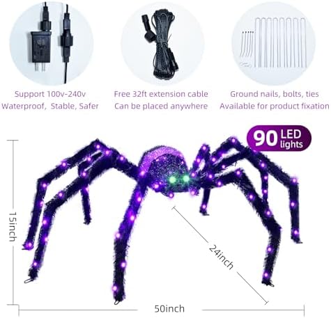 Halloween Decorations Outside Giant Spider - HOYECHI Outdoor Halloween Decor Lighted Spider 4.2FT, Light Up Spider with 90 LED Lights, Ground Stakes, for Front Yard Porch Gardens Lawns Party - Image 6
