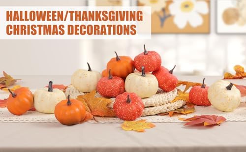 16PCS Realistic Mini Pumpkin Decor,Fall Decor with Pumpkins Maple Leaves, Artificial Pumpkin Decor for Autumn Filler, Realistic Pumpkin Decorations for Halloween Thanksgiving Fall Home Decor - Image 2