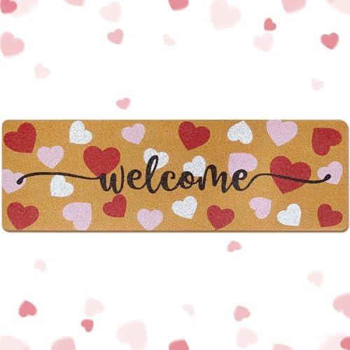 Long Doormat 48x 16 inch Front Door Mat Welcome Doormat Valentine's Day Front Door Mat Red Heart Welcome Floor Mat for Valentine's Day Front Door Outdoor Indoor Porch Entrance Decor Brown by Tangren