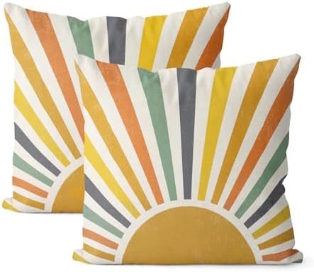 Summer Pillow Covers 20x20 Inch Set of 2, Stripes Yellow Sunshine Decorations Outdoor Throw Pillows Boho Summer Rainbow Sun Pillowcase Linen Decor Cute Farmhouse Cushion Case for Home Bedroom by JEFERSO