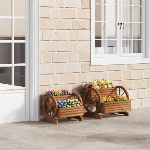 Wooden Wagon Planter with Wheels, Brown, Large - Image 5