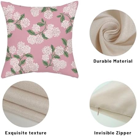 Pink Pillow Covers 18x18 Inch 2 Pcs Preppy Pink Green Hydrangea Flower Decor Throw Pillows Vintage Floral Seasonal Spring Summer Outdoor Decoration Pillowcase Linen Cushion Cover for Couch Sofa - Image 7