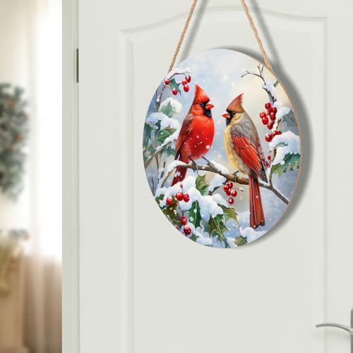 Harooni Winter Welcome Sign for Front Door, Cardinal Bird Wood Door Hanger for Outdoor Outside Porch, Christmas Cardinal Round Hanging Signs Holiday Decorations for Home Wall Porch Yard Farmhouse - Image 7