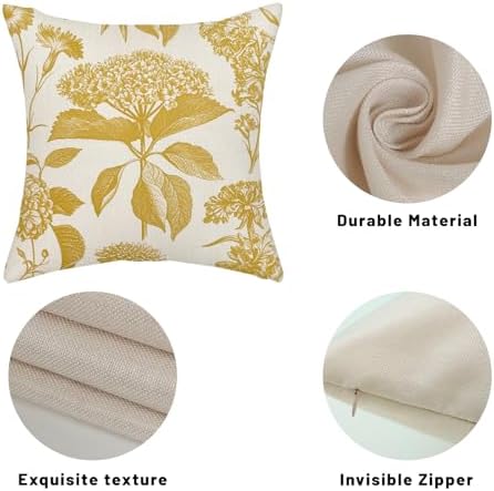Mustard Yellow Pillow Covers 18x18 Inch 2 Pcs Boho Vintage Floral Decor Throw Pillows Hydrangea Flower Summer Outdoor Farmhouse Neutral Accent Decoration Pillowcase Linen Cushion Cover for Sofa - Image 7