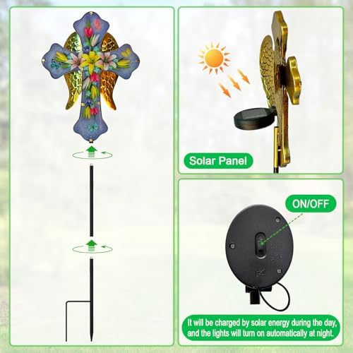 Solar Cross Garden Stakes for Graves,Lily Cemetery Decorations Yard Patio Decor,Golden Angel Wings Cross Lights Outdoor,Remembrance Gifts - Image 6