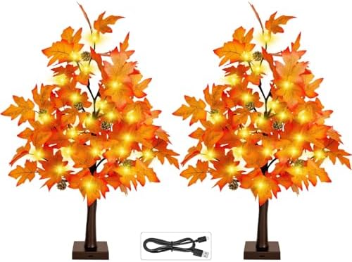 Fall Decor 2FT Lighted Maple Tree - 24 Inch Thanksgiving Tabletop Lamp Decor with 36 LED Lights, 72 Maple Leaves, 6 Pines, Timer, Battery or USB Operated Artificial Tree Fall Decorations for Home by FastDeng