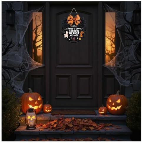 Funny Halloween Decorations - Funny Halloween Door Sign There's Some Horrors in This House Wooden Sign Hanging Hanger Wreath Decorations for Front Door Wall Home Office Decor 12.6×12.6 Inch - Image 5