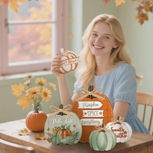 5 Pcs Fall Pumpkin Decor for Home Light Green Fall Wooden Table Centerpiece - Image 5