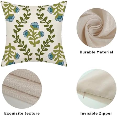 Sage Green Boho Pillow Covers 18x18 Inch 2 Pcs Blue Green Floral Leaves Decor Throw Pillows Vintage Flower Seasonal Spring Summer Outdoor Farmhouse Pillowcase Linen Cushion Cover for Couch Sofa - Image 7