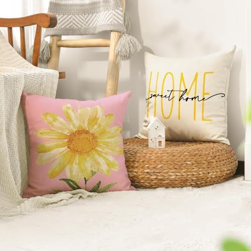 AVOIN colorlife Home Sweet Home Spring Summer Flowers Pink Throw Pillow Covers, 16 x 16 Inch White Cushion Case for Sofa Couch Set of 4 - Image 5
