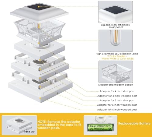 4 Pack Solar Post Cap Lights Outdoor Waterproof, Dual Light, White - Image 5