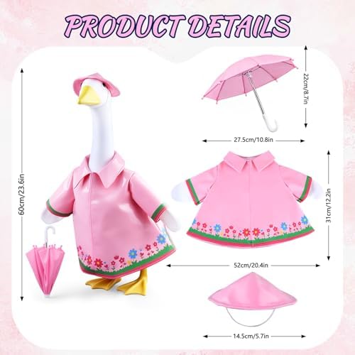 Raincoat Porch Goose Outfits, Summer Lawn Goose Raincoat Costume, Spring Outfit Yard Goose Rain Coat Clothes with Umbrella Hat Fits 23” Geese Statue for Patio Garden Outdoor Decorations (Pink) - Image 2