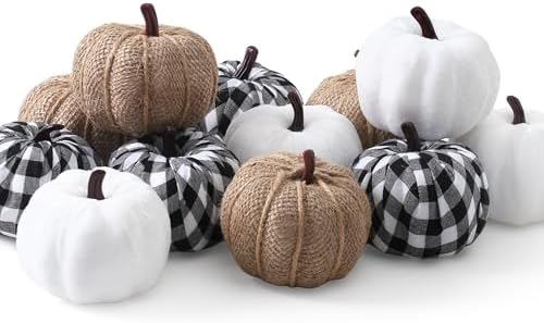 SITUMEIZI 12 Pcs Pumpkins Fake Harvest Velvet Pumpkin White Black Small Faux Fabric Foam Pumpkin for Fall Decor Wedding Thanksgiving Halloween Home Farmhouse Decoration(Burlap) by SITUMEIZI