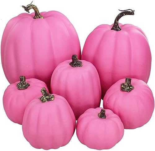 7 Pcs Assorted Sizes Hot Pink Artificial Pumpkins Fall Decorative Pumpkins Deep Pink Foam Pumpkins for Gifts Fall Halloween Thanksgiving Wedding Baby Shower Farmhouse Table Centerpiece Mantel Decor by Winlyn