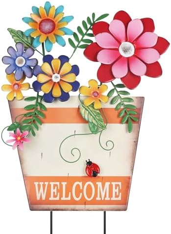 hogardeck Garden Decor for Outside, Metal Flower Pot Decorative Garden Stakes with Flowers for Spring Decor, Yard Art Welcome Sign for Outdoor Garden Lawn Backyard Porch Patio Decorations by HOGARDECK