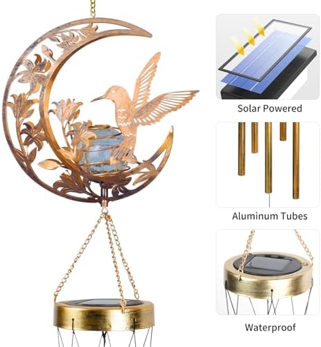 Moon Hummingbird Wind Chime Outdoor, Handcrafted Metal Garden Wind Chimes with Hummingbird Charms, Melodic Wind Bells for Patio Porch Decor, Weatherproof Gift for Nature Lovers & Bird Watchers - Image 6